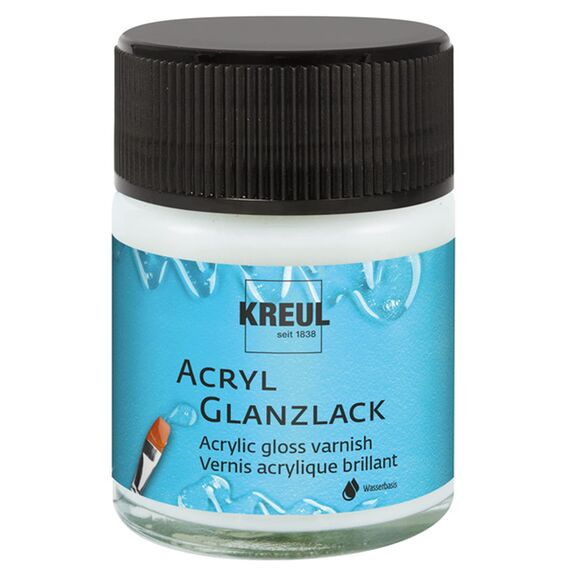 KREUL 79401 - Acryl Glanzlack, glänzend transparent, 50 ml Glas, auf Wasserbasis, Schutz- und Überzugslack für durchgetrocknete Aufmalungen, bedingt witterungsbeständig, speichelecht