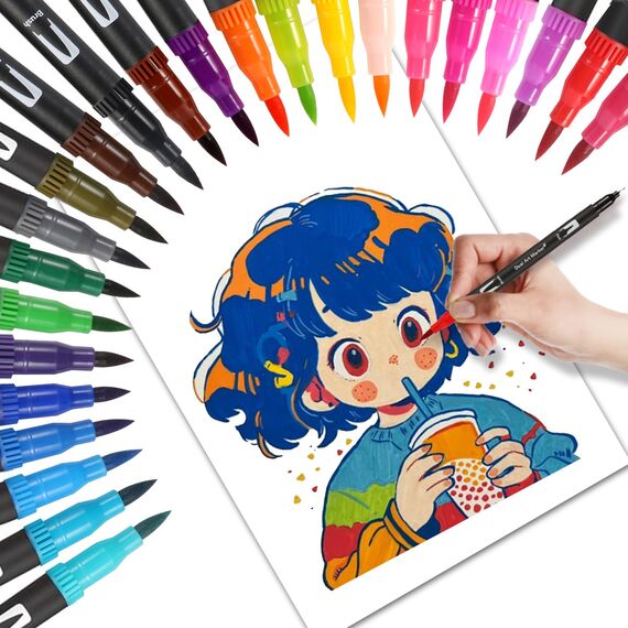 Jnyan Filzstifte Dual Brush Pinselmarker, 24 Farben Feine Spitze & Pinselspitze für Erwachsene und Kinder–Zum Ausmalen, Zeichnen, DIY-Projekte, Journaling, Scrapbooking und Schulbedarf