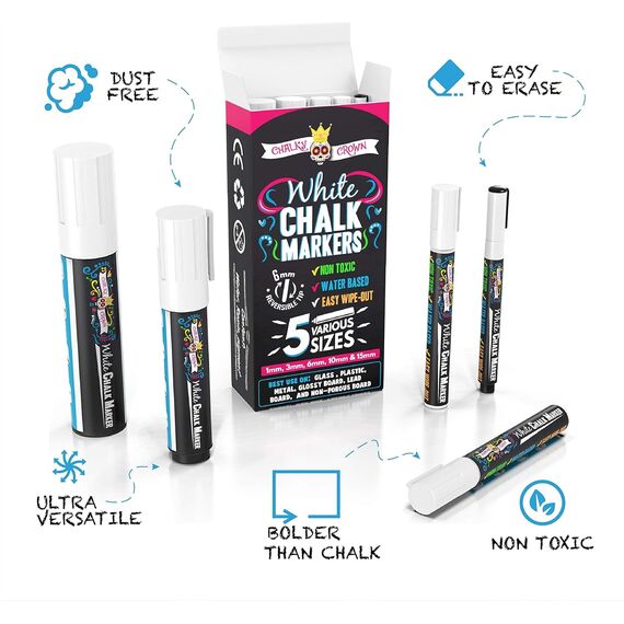 Chalky Crown - Kreidestifte für Tafel Abwaschbar - 5 Weiße Kreidemarker - Ungiftige Flüssigkreide-Marker für Fenster, Glas - 1, 3, 6, 10, 15 mm Spitzen