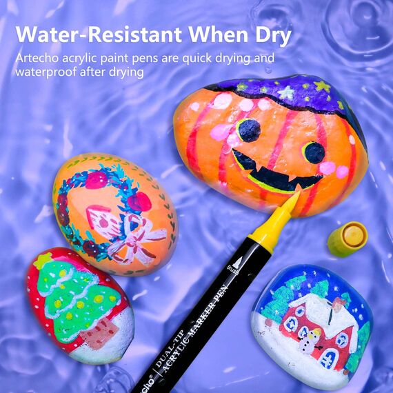 Artecho Acrylstifte 48 Farben, 0.5-5mm Wasserfester Dual Tip Marker (Pinsel und feine Spitze), mit doppelten Enden für Rock Painting, Glas, Papier, Holz, Ei, Leinwand, Keramik, Stoff, DIY Crafts