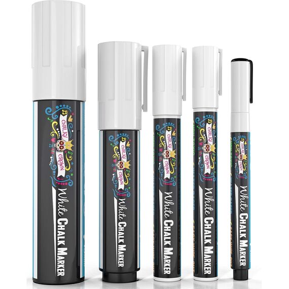 Chalky Crown - Kreidestifte für Tafel Abwaschbar - 5 Weiße Kreidemarker - Ungiftige Flüssigkreide-Marker für Fenster, Glas - 1, 3, 6, 10, 15 mm Spitzen