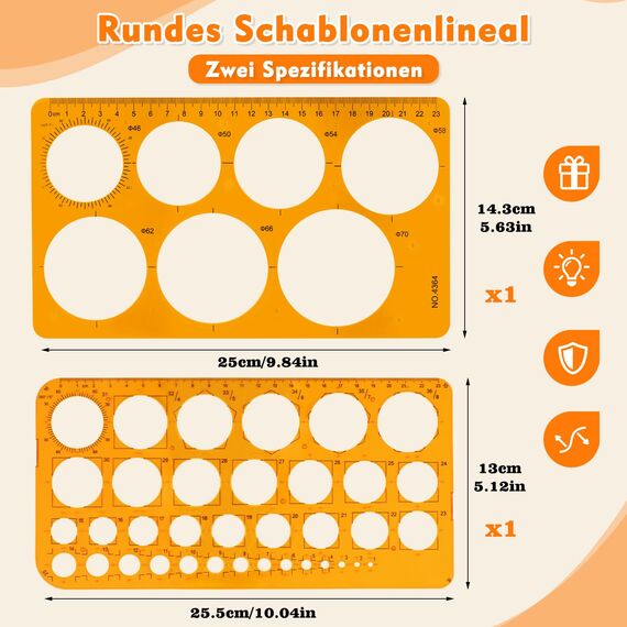 Kreisschablone Set 2 Stück (Groß & Klein) Transparent Orange, Quilling Schablone, Zeichenhilfen Lineal für Schule, Büro & Basteln