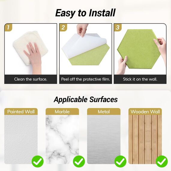 Hexagon Akustikpaneele selbstklebend 12 Stücke, TONOR Schallabsorber Schallschutz mit Hochdichte Wandfliesen Schalldämmung 30x26x1cm für Studio, Büro, Akustische Behandlung und Wanddekoration, Grün