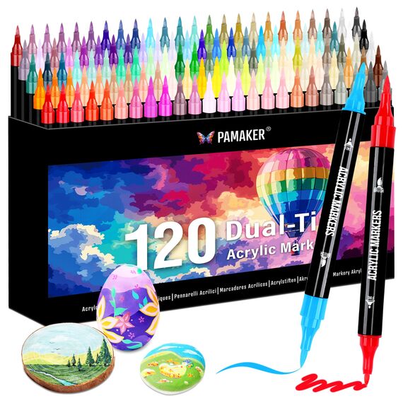 Pamaker 120 Farben Acrylstifte Set – Acrylmarker mit feiner Spitze und Pinsel für Stoff, Leinwand, Glas, Holz und Papier – Ideal für Kinder und Erwachsene, zum Zeichnen und DIY-Bastelprojekte
