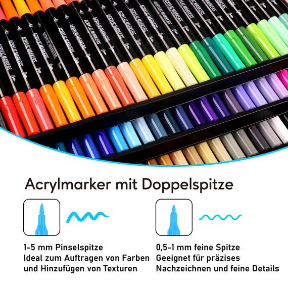 Pamaker 72 Farben Acrylstifte Set – Acrylmarker mit feiner Spitze und Pinsel für Stoff, Leinwand, Glas, Holz und Papier – Ideal für Kinder und Erwachsene, zum Zeichnen und DIY-Bastelprojekte