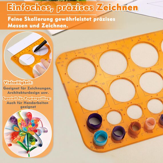 Kreisschablone Set 2 Stück (Groß & Klein) Transparent Orange, Quilling Schablone, Zeichenhilfen Lineal für Schule, Büro & Basteln