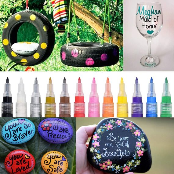 Wasserfeste Acrylstifte mit 0,7mm Spitze, Acrylstift Set für Steine Bemalen, 12 Farben Wasserfest Stifte Acrylmarker für Steine Scrapbooking Fotoalbum Hochzeit Gästebuch Holz Ostern Basteln Leinwand