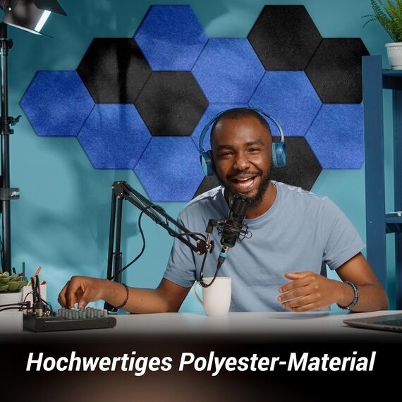 12 Stück Hohe Dichte Schallabsorber für Dekoration und Akustische Behandlung, TONOR Hexagon Akustikplatten selbstklebend, Schallschutz Schalldämmung Schallschutzplatten, 6 St.Blau + 6 St.Schwarz