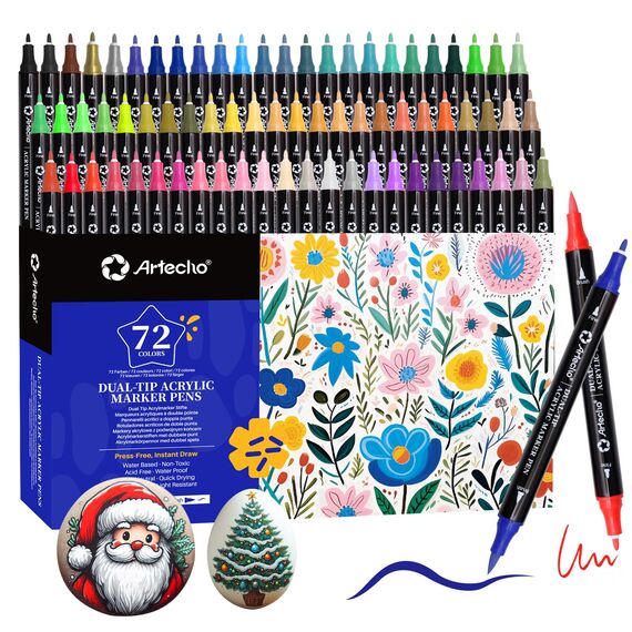 Artecho Acrylstifte 72 Farben, 0.5-5mm Wasserfester Dual Tip Marker (Pinsel und feine Spitze), mit doppelten Enden für Rock Painting, Glas, Papier, Holz, Ei, Leinwand, Keramik, Stoff, DIY Crafts