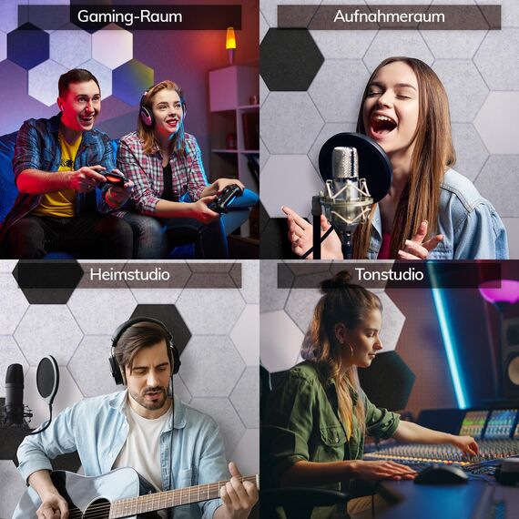 Hexagon Akustikpaneele selbstklebend 18 Stücke,TONOR 30x26x0,9cm Schallschutz Schalldämmung Schallschutzplatten, 6 St.Grau + 6 St.Schwarz + 6 St.Weiß