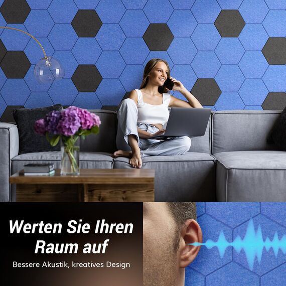 12 Stück Hohe Dichte Schallabsorber für Dekoration und Akustische Behandlung, TONOR Hexagon Akustikplatten selbstklebend, Schallschutz Schalldämmung Schallschutzplatten, 6 St.Blau + 6 St.Schwarz