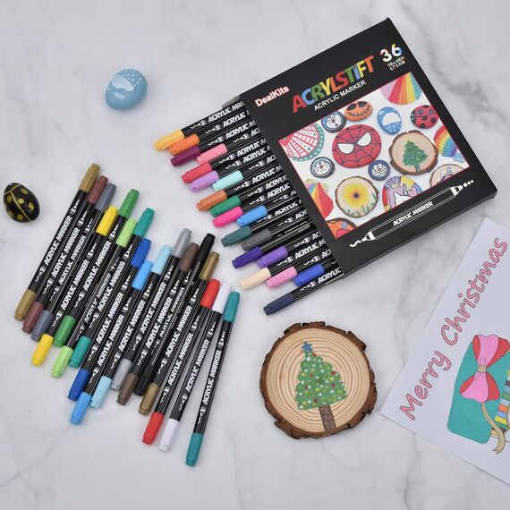 DealKits 36 Farbige Acrylstifte, Dual Tip Stifte für Steine Bemalen, Wasserfest Multimarker Doppelspitze Acryl Permanent Marker für Leinwand Papier Fotoalbum Gästebuch Holz Eier