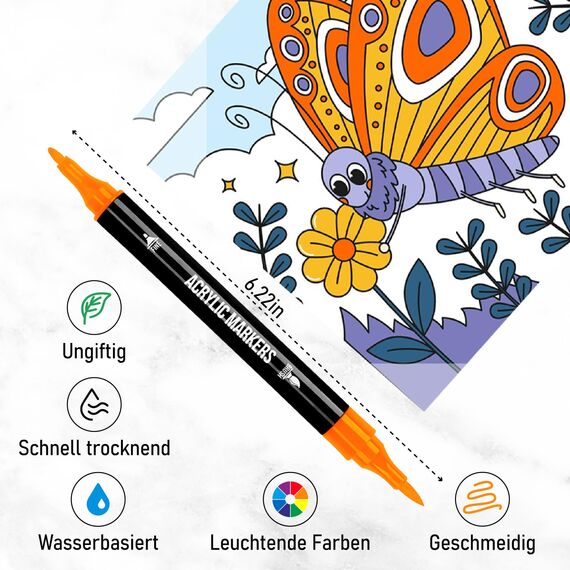 Pamaker 48 Farben Acrylstifte Set – Acrylmarker mit feiner Spitze und Pinsel für Stoff, Leinwand, Glas, Holz und Papier – Ideal für Kinder und Erwachsene, zum Zeichnen und DIY-Bastelprojekte