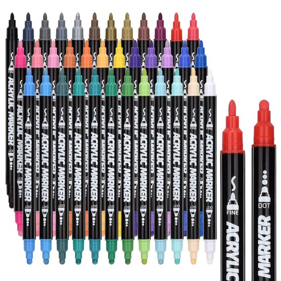 DealKits 36 Farbige Acrylstifte, Dual Tip Stifte für Steine Bemalen, Wasserfest Multimarker Doppelspitze Acryl Permanent Marker für Leinwand Papier Fotoalbum Gästebuch Holz Eier