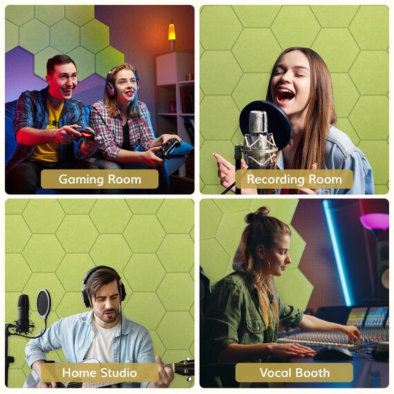 Hexagon Akustikpaneele selbstklebend 12 Stücke, TONOR Schallabsorber Schallschutz mit Hochdichte Wandfliesen Schalldämmung 30x26x1cm für Studio, Büro, Akustische Behandlung und Wanddekoration, Grün