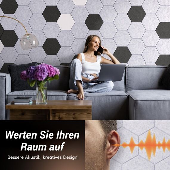 Hexagon Akustikpaneele selbstklebend 18 Stücke,TONOR 30x26x0,9cm Schallschutz Schalldämmung Schallschutzplatten, 6 St.Grau + 6 St.Schwarz + 6 St.Weiß
