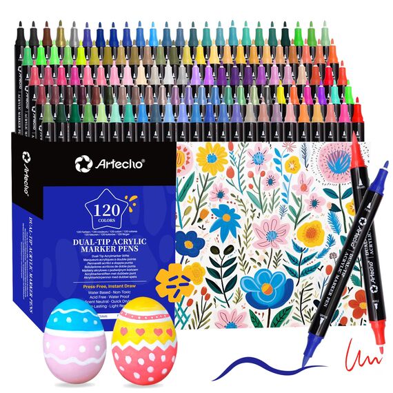 Artecho Dual-Tip Acrylic Paint Pen 120 Colors-Fine Tip and Brush Tip