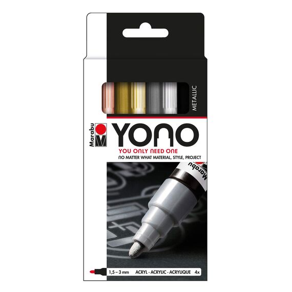 Marabu 1240000004001 - YONO Marker Set Metall mit 4 Farben, vielseitige Acrylstifte mit japanischer Rundspitze 1,5 - 3 mm, wasserbasiert, lichtecht und wasserfest, für nahezu alle Untergründe