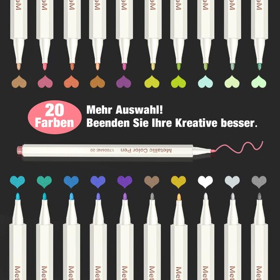 ANYUKE Metallic Stifte Feine 1mm, 20 Farben Metallischen Marker für Fotoalbum zum Selbstgestalten, Gästebuch Hochzeit, Schwarze Seiten, Scrapbook Zubehör, Weihnachten Halloween Deko Stifte
