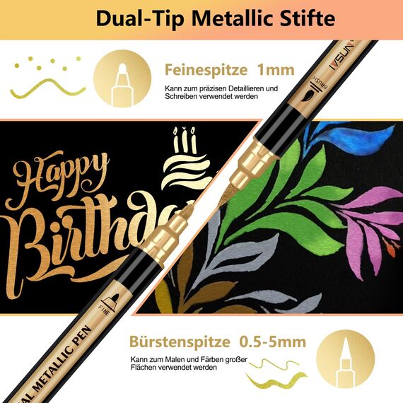 IVSUN Metallic Marker Stifte, 12 Dual Tip Metallic Acrylstifte Wasserfest, Stifte Set für Fotoalbum, Gästebuch Hochzeit, Scrapbook Zubehör, Schwarzes Papier Holz Glas Steine Bemalen, Ostern Basteln