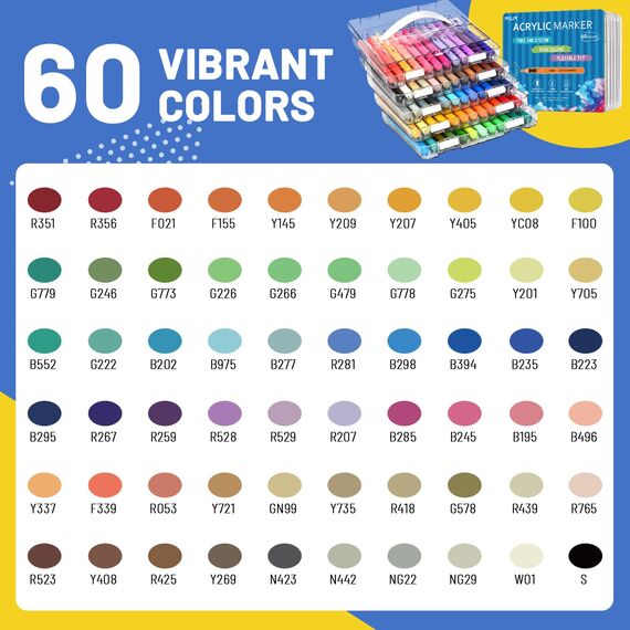 IVSUN 60 Acrylstifte für Steine Wasserfest - Pinsel Spitze Acrylmarker für Steine Bemalen Holz Leinwand Stoff Keramik Glas, 1-8mm Multimarker Acrylfarben Set Stifte