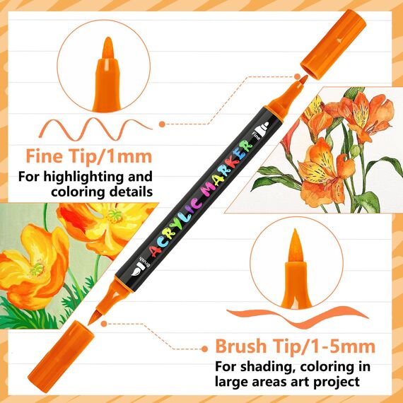 IVSUN 100 Farben Acrylstifte für Steine Wasserfest - Dual Tip Acrylic Marker für Steine Bemalen Holz Leinwand Keramik Glas, 1-5mm Acrylfarben Stifte Acrylmarker Set