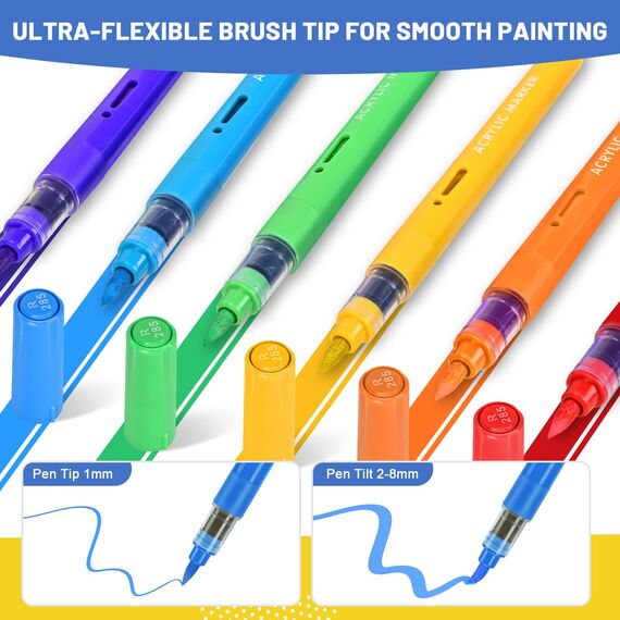 IVSUN 60 Acrylstifte für Steine Wasserfest - Pinsel Spitze Acrylmarker für Steine Bemalen Holz Leinwand Stoff Keramik Glas, 1-8mm Multimarker Acrylfarben Set Stifte