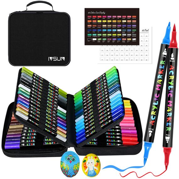 IVSUN 60 Farben Acrylstifte für Steine Wasserfest - Acrylmarker mit feine Spitze und Pinsel für Steine Bemalen Holz Leinwand Keramik Glas, 1-5mm Multimarker Acrylfarben Stifte Set
