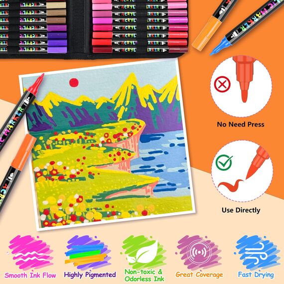 IVSUN 100 Farben Acrylstifte für Steine Wasserfest - Dual Tip Acrylic Marker für Steine Bemalen Holz Leinwand Keramik Glas, 1-5mm Acrylfarben Stifte Acrylmarker Set