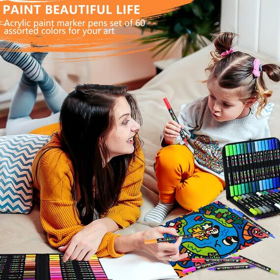 IVSUN 60 Farben Acrylstifte für Steine Wasserfest - Acrylmarker mit feine Spitze und Pinsel für Steine Bemalen Holz Leinwand Keramik Glas, 1-5mm Multimarker Acrylfarben Stifte Set