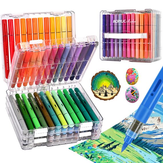 IVSUN 60 Acrylstifte für Steine Wasserfest - Pinsel Spitze Acrylmarker für Steine Bemalen Holz Leinwand Stoff Keramik Glas, 1-8mm Multimarker Acrylfarben Set Stifte