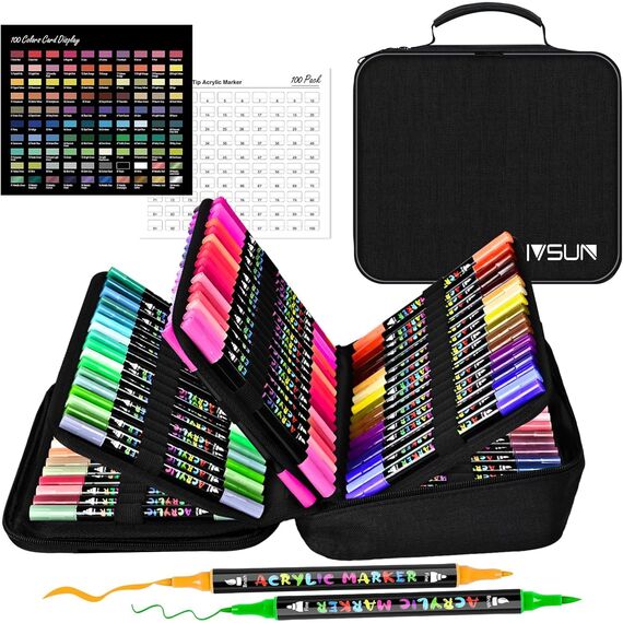 IVSUN 100 Farben Acrylstifte für Steine Wasserfest - Dual Tip Acrylic Marker für Steine Bemalen Holz Leinwand Keramik Glas, 1-5mm Acrylfarben Stifte Acrylmarker Set