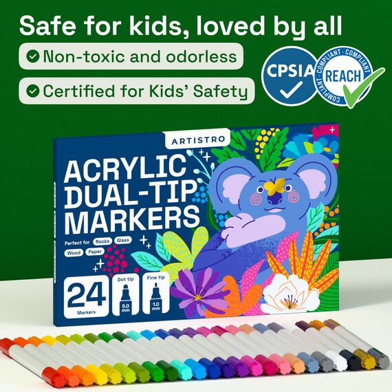 Artistro Acrylstifte Zeichenset für Stein, Holz, Stoff, Glas & Keramik – Wasserfest mit Doppelspitze – Perfekt zum Basteln, Malen & Dekorieren zu Christmas, Künstlerbedarf – 24 Farben
