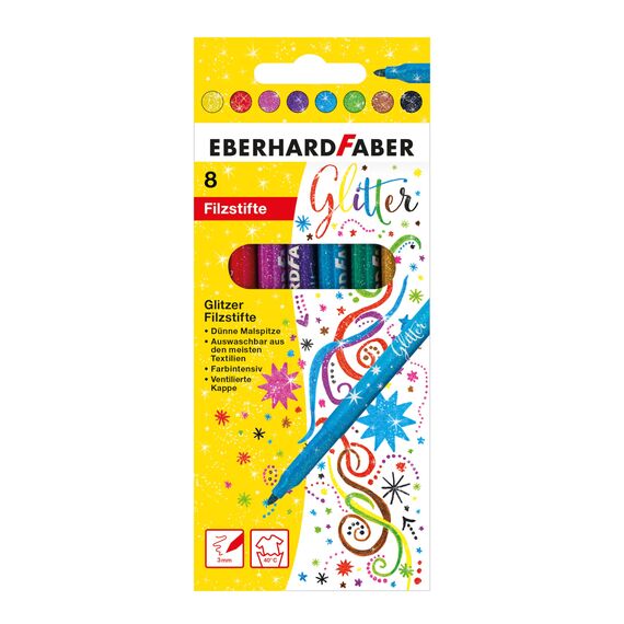 Eberhard Faber 551008 - Glitzer Filzstifte Set, 8 Malstifte mit dünner Spitze im Kartonetui