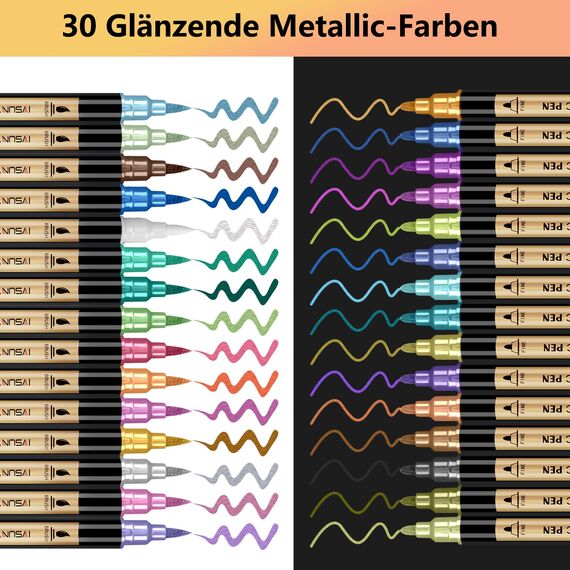 IVSUN Metallic Marker Stifte Set, 30 Dual tip Metallic Acrylstifte Wasserfest für Fotoalbum Gästebuch Hochzeit Scrapbook Schwarzes Papier Gold Stift zum Bemalen Steine Glas Holz Deko Ostereier Ostern