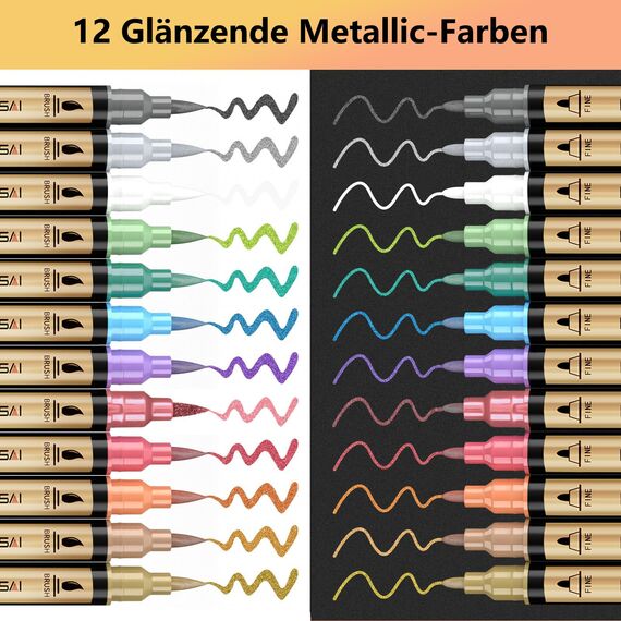 IVSUN Metallic Marker Stifte, 12 Dual Tip Metallic Acrylstifte Wasserfest, Stifte Set für Fotoalbum, Gästebuch Hochzeit, Scrapbook Zubehör, Schwarzes Papier Holz Glas Steine Bemalen, Ostern Basteln