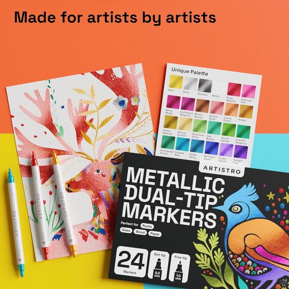 Artistro Acrylstifte Zeichenset für Stein, Holz, Stoff, Glas & Keramik – Wasserfest mit Doppelspitze – Perfekt zum Basteln, Malen & Dekorieren zu Christmas, Künstlerbedarf – 24 Metal Farben