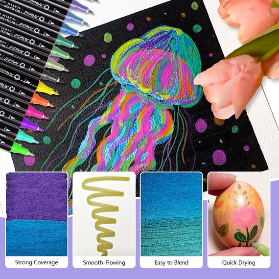Artecho Acrylstifte 5 Weiß Farben, 0.5-5mm Wasserfester Dual Tip Marker (Pinsel und feine Spitze), mit doppelten Enden für Rock Painting, Glas, Papier, Holz, Ei, Leinwand, Keramik, Stoff, DIY Crafts