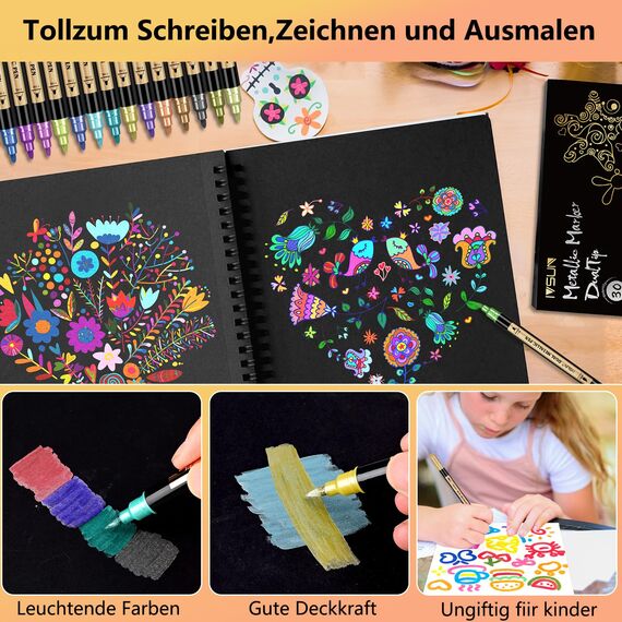 IVSUN Metallic Marker Stifte, 12 Dual Tip Metallic Acrylstifte Wasserfest, Stifte Set für Fotoalbum, Gästebuch Hochzeit, Scrapbook Zubehör, Schwarzes Papier Holz Glas Steine Bemalen, Ostern Basteln