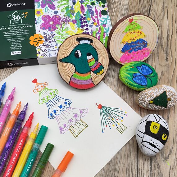 Artecho 36 Farben Extra Fine Tip Paint Pens, 0.7mm Fine Tip Acrylic Paint Markers, Acrylmalstifte für Steinmalerei, Keramik, Stoff, Leinwand, Holz, Glas, Kunstzubehör