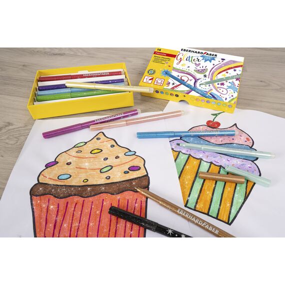 Eberhard Faber 551016 - Glitzer Filzstifte Set, 16 Malstifte mit Basic und Pastell Farben
