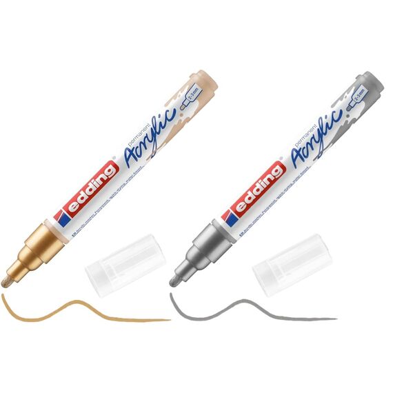 edding 5100 Acrylmarker medium - Acrylstift wasserfest - mittlere Rundspitze 2-3 mm - Acryl Farben zum Malen auf Leinwand, Malpapier und Holz (Reichgold, Silber matt Set)