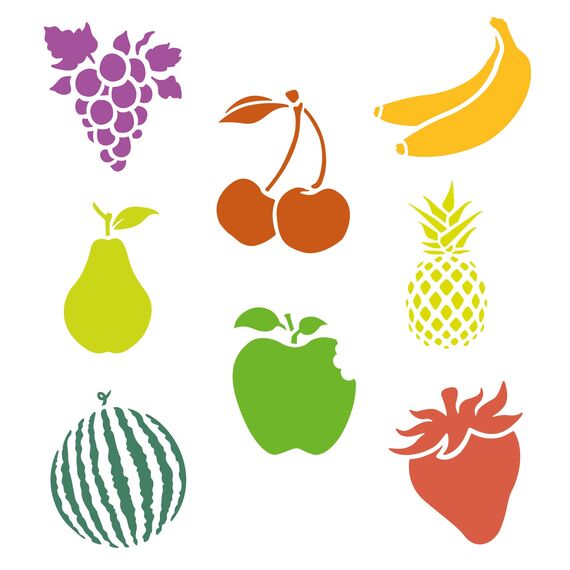 NAKLEO Schablonen Malen für Kinder, 8 Stück Set 15x15cm Früchte, Kinder Kreatives Zeichenschablonen, Kunststoff Wiederverwendbar Malschablone DIY Handwerk, Papier Wand Holz Stoff