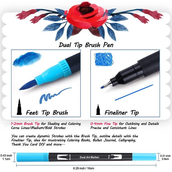 Dual Brush Pen Set - 24 Farben Aquarellstifte Filzstifte Set , Manga Stifte, Kalligraphie Stifte Kit für Aquarell Handlettering Bullet Journal, Fasermaler(1-2 mm) und Fineliner(0,4 mm)