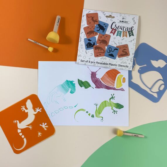 NAKLEO Schablonen Malen für Kinder, 8 Stück Set 15x15cm Reptilien Amphibien, Kinder Kreatives Zeichenschablonen, Kunststoff Wiederverwendbar Malschablone DIY Handwerk, Papier Wand Holz Stoff