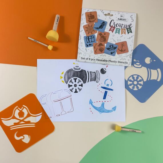 NAKLEO Schablonen Malen für Kinder, 8 Stück Set 15x15cm Piraten, Kinder Kreatives Zeichenschablonen, Kunststoff Wiederverwendbar Malschablone DIY Handwerk, Papier Wand Holz Stoff