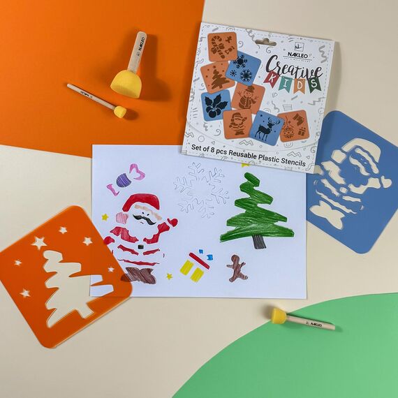 NAKLEO Schablonen Malen für Kinder, 8 Stück Set 15x15cm Weihnachten, Kinder Kreatives Zeichenschablonen, Kunststoff Wiederverwendbar Malschablone DIY Handwerk, Papier Wand Holz Stoff
