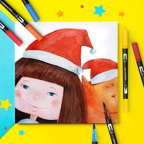 Dual Brush Pen Set - 24 Farben Aquarellstifte Filzstifte Set , Manga Stifte, Kalligraphie Stifte Kit für Aquarell Handlettering Bullet Journal, Fasermaler(1-2 mm) und Fineliner(0,4 mm)
