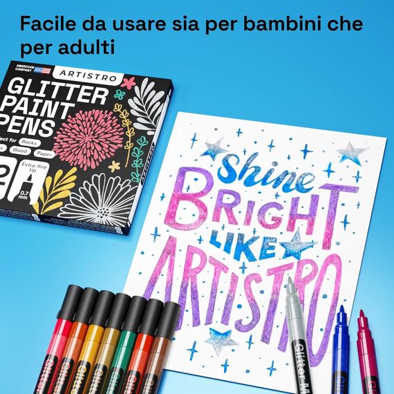Artistro 12 Glitzer Filzstifte Zeichenset, Stifte zum Bemalen von Steinen, Felsmalerei, Keramik, Glas, Holz, Stoff, Scrapbooking, DIY Projekte, Set Acryl Glitzer Stifte mit Extra-Feiner Spitze 0,7mm