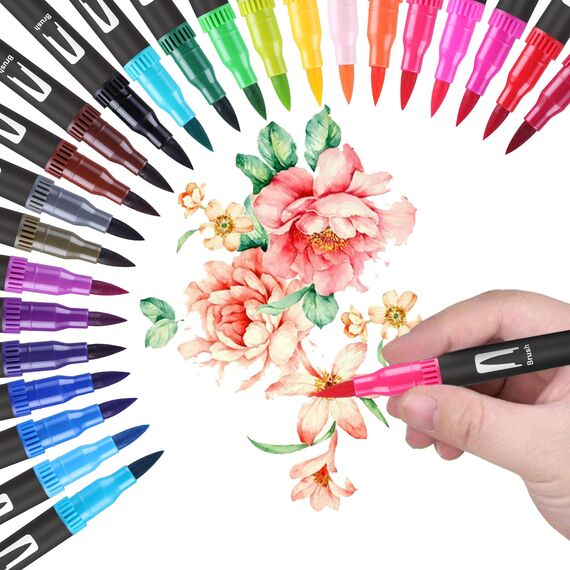 Dual Brush Pen Set - 24 Farben Aquarellstifte Filzstifte Set , Manga Stifte, Kalligraphie Stifte Kit für Aquarell Handlettering Bullet Journal, Fasermaler(1-2 mm) und Fineliner(0,4 mm)